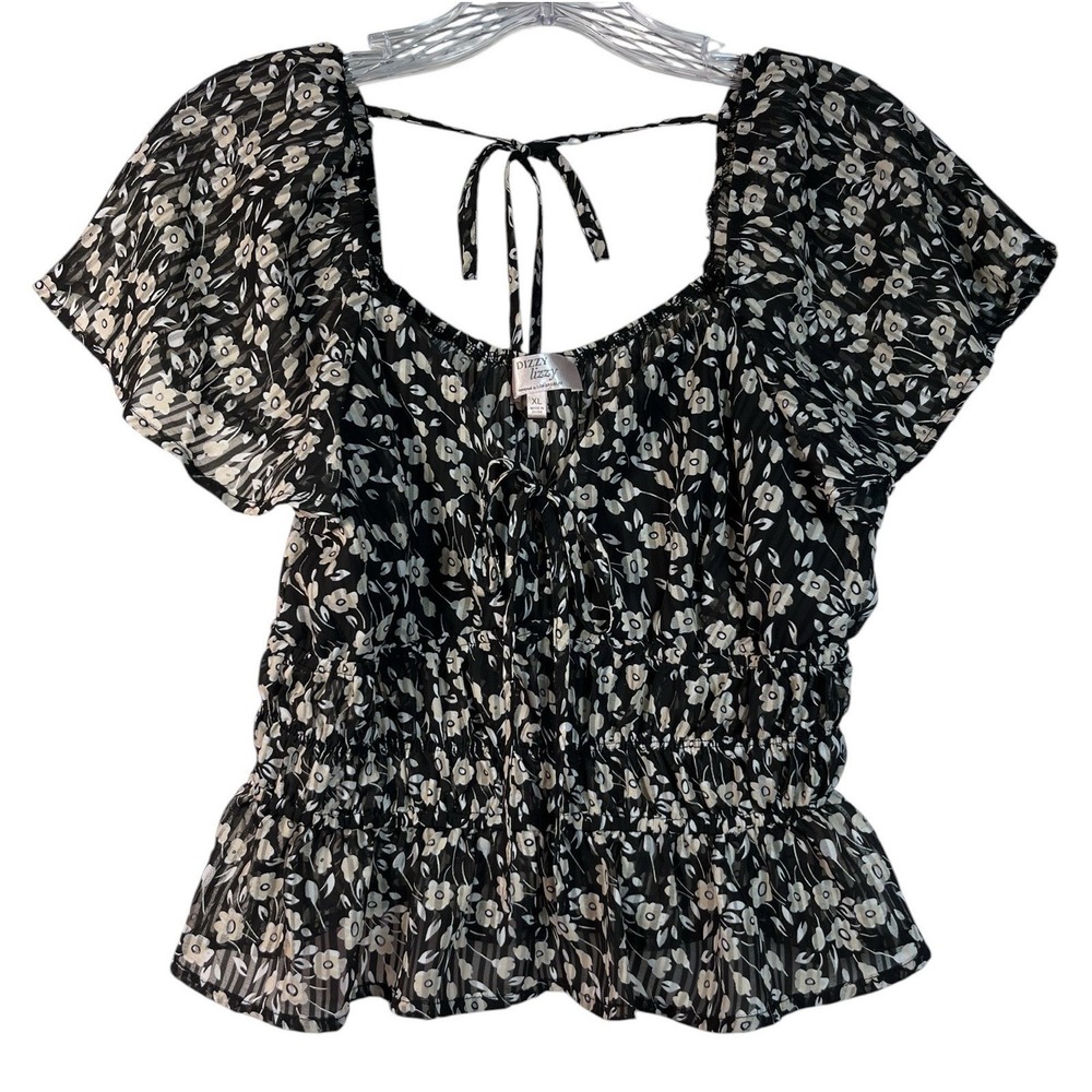 DIZZY LIZZY Sz XL Top Black Sheer Floral Ruffle Whimsigoth Fairy Flutter Tie Y2K